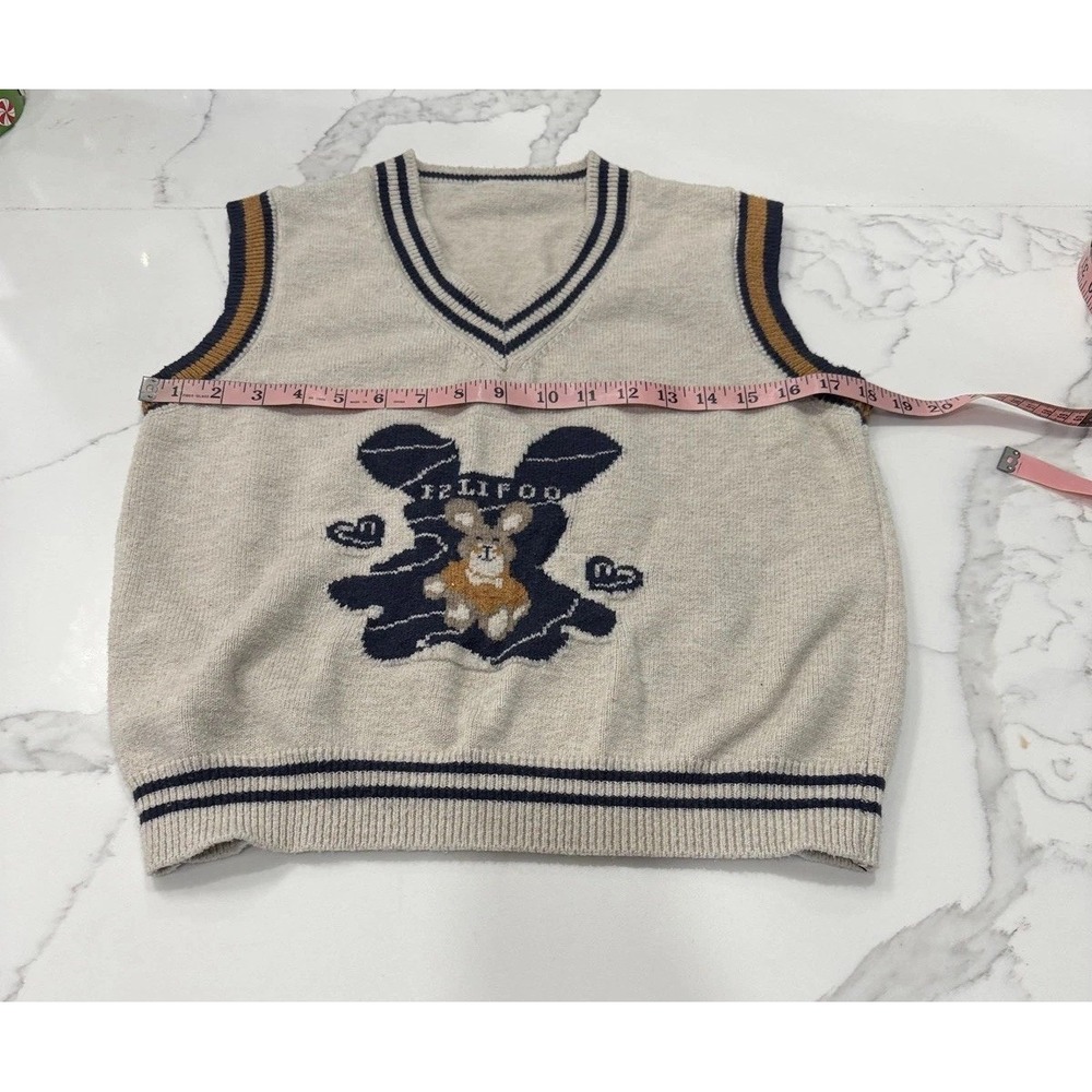 Felifoo Bunny Sweater Vest Womens Small Beige V Neck Knit‎ Preppy Rabbit Cute - Picture 5 of 7